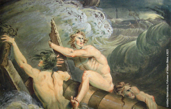 Painting of 3 naked men clinging to pieces of a shipwreck amidst crashing waves. Caption: Untitled watercolour by a follower of William Blake, c.1820. 